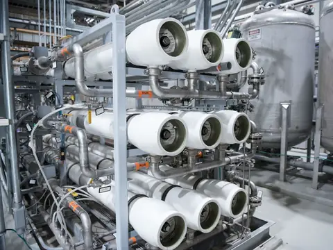 Racks of white reverse osmosis membrane housings