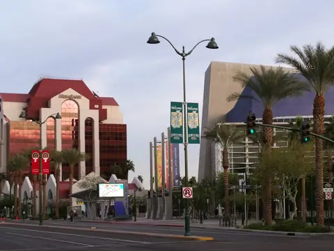 Palms and buildings on Main Street in downtown Mesa